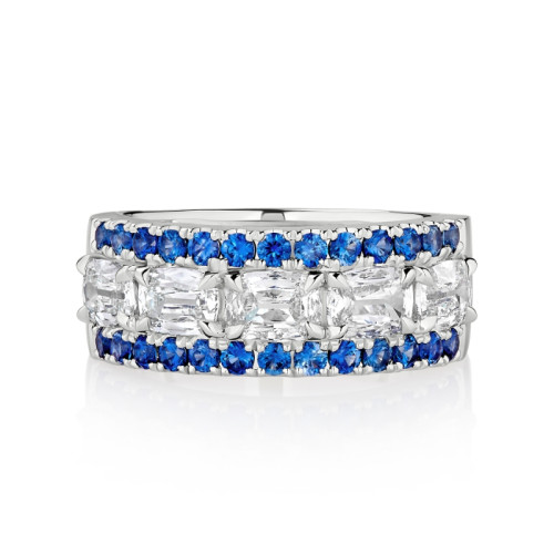 East/ West Cushion Diamonds Between Rows of Blue Sapphires