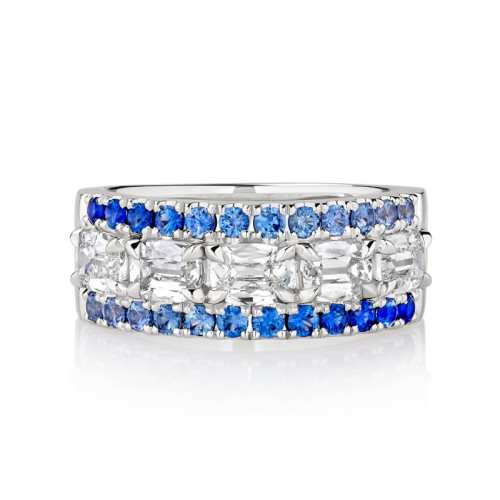 East/West Cushion Diamonds Between Rows of Blue Ombre Sapphires