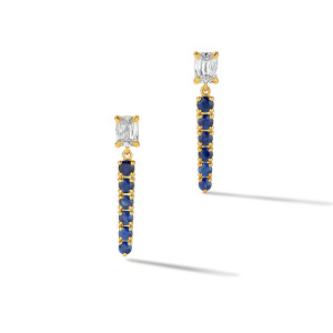 Long Sapphire Drop Earring with Cushion Diamonds