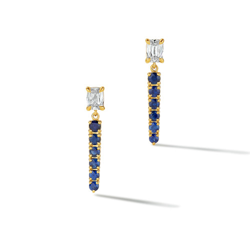 Long Sapphire Drop Earring with Cushion Diamonds