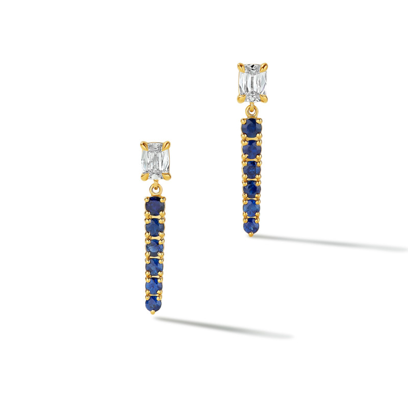Long Sapphire Drop Earring with Cushion Diamonds