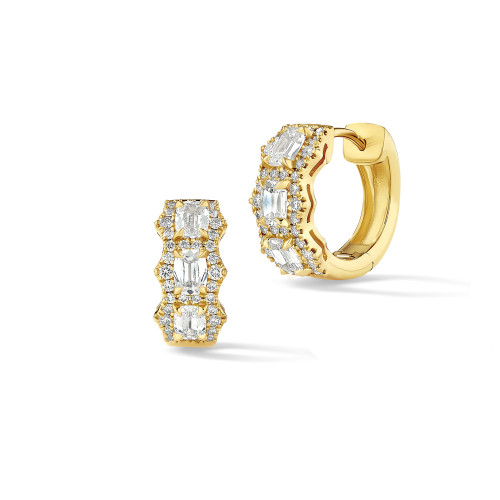 Three Stone Diamond Halo V-tip Hoop Earrings