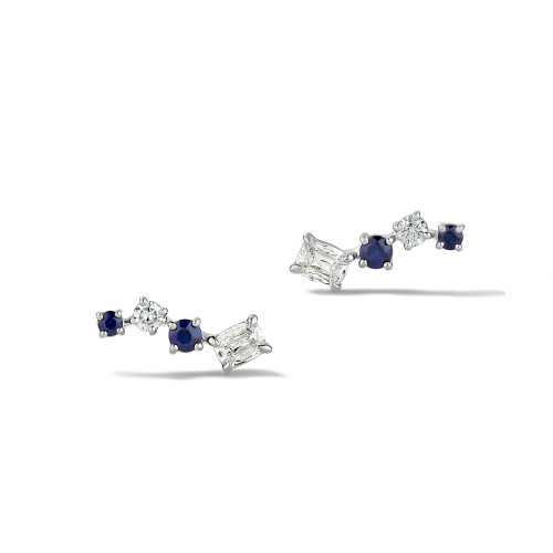 Small Diamond and Blue Sapphire Climber Earrings