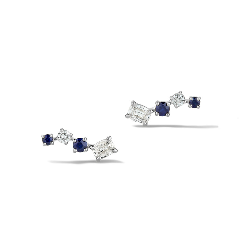 Small Diamond and Blue Sapphire Climber Earrings