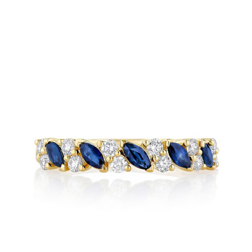 Alternating Slanted Blue Sapphire Marquise and Round Diamond Band