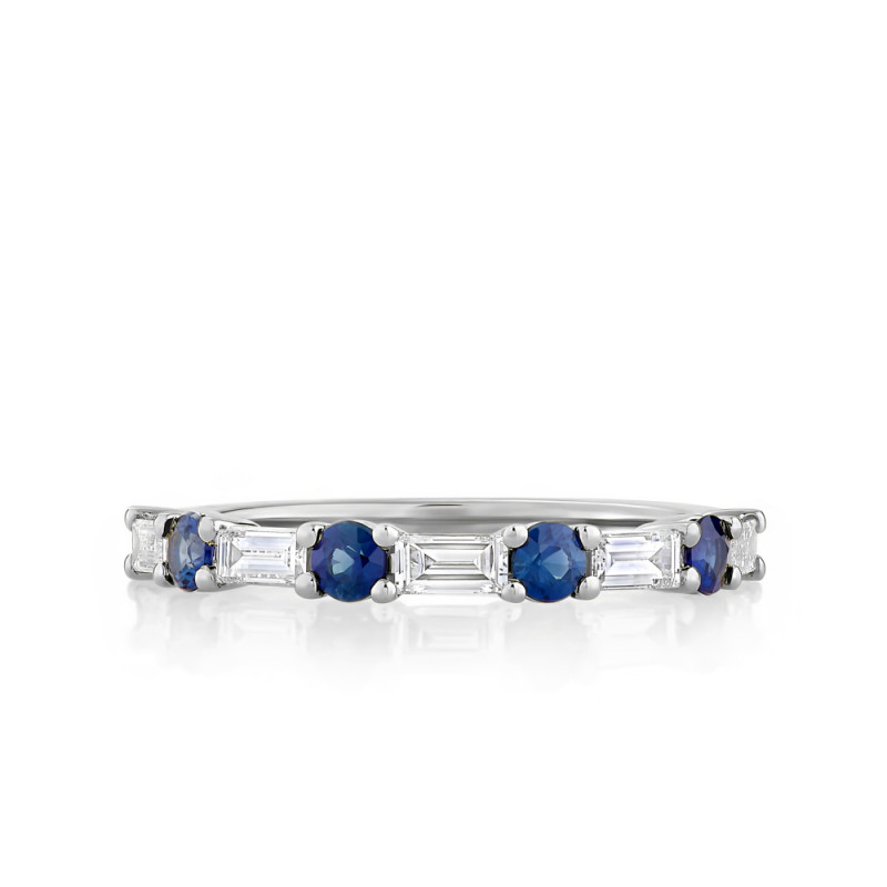 Alternating Baguette and Blue Sapphire Diamond Band